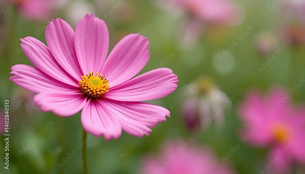 Pink cosmos flower, vibrant petals, yellow center, white background Pink cosmos flower, vibrant petals, yellow center, white background