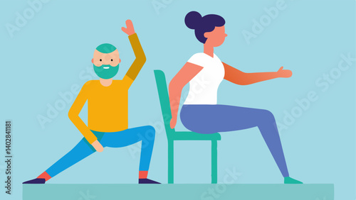 Instructor Guidance A friendly yoga instructor demonstrating a modified pose with a participant using a chair highlighting personalized instruction and support.