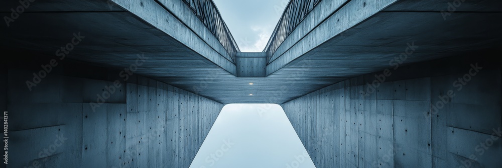 Abstract view of concrete architecture with sky visible between the structures.