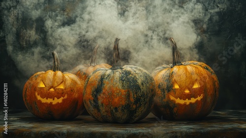 Spooky Halloween Pumpkins with Smoke Background