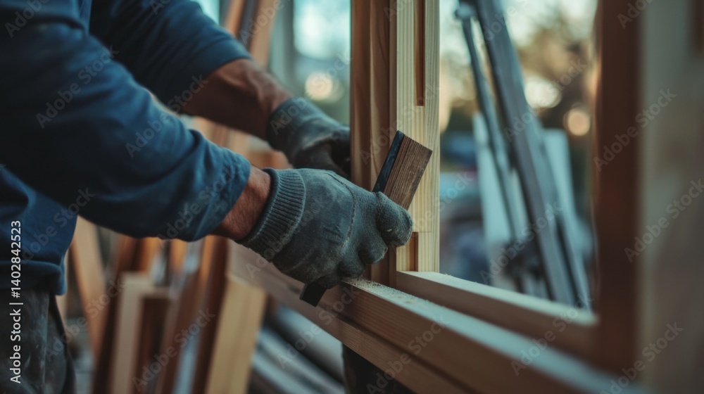 Carpenter installing window frames. Featuring precise craftsmanship and installation Carpenter installing window frames. Featuring precise craftsmanship and installation