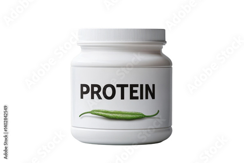 White plastic jar of protein powder on transparent background