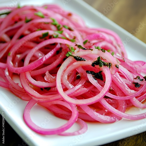 Delicious Pink Onion Rings Salad Recipe, Closeup Food Photography