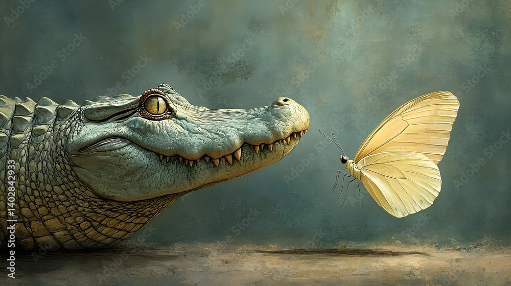 Obraz premium A gentle encounter between a crocodile and a butterfly.