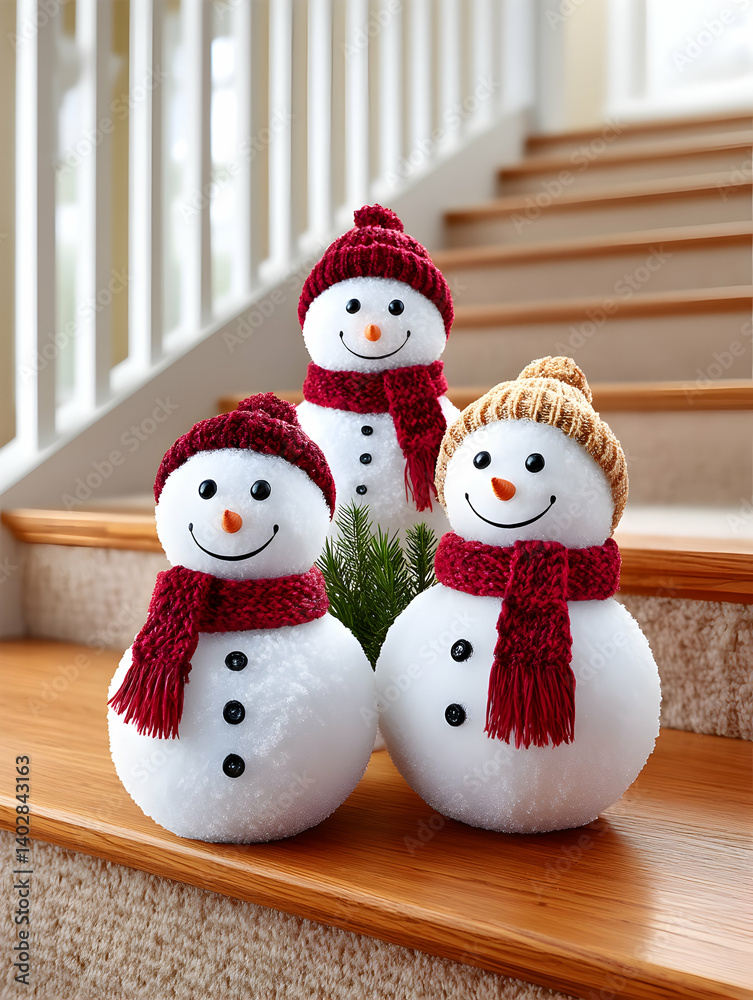 Three charming snowmen with knitted hats and scarves sit on a staircase Three charming snowmen with knitted hats and scarves sit on a staircase