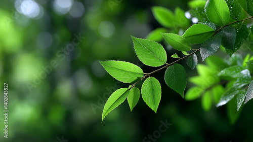Fresh green leaves background with artistic depth of field, versatile natural backdrop for wellness or spring themes, green background, natural foliage, selective focus, blurred leaves, botanical text