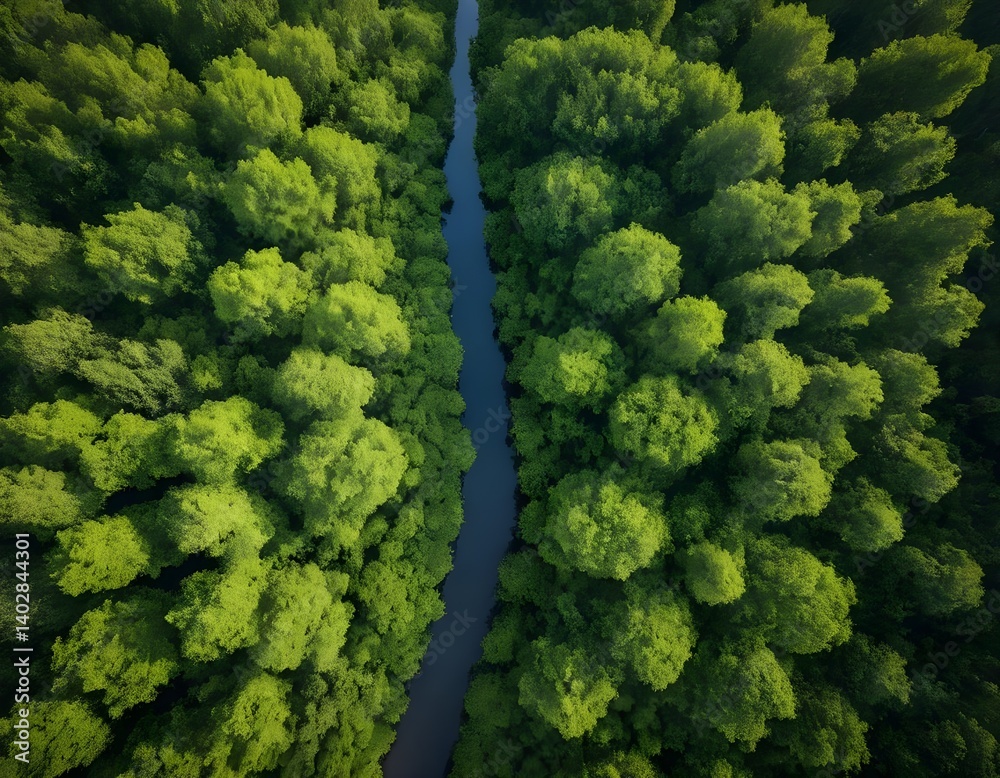 Naklejka premium Aerial View of River Cutting Through Lush Green Forest