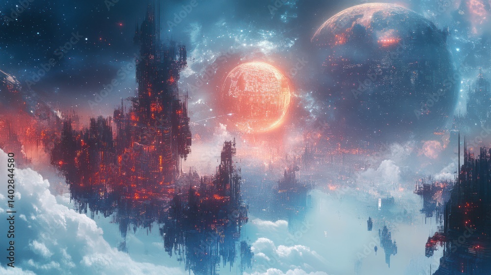 Fototapeta premium A futuristic city suspended above the clouds with celestial bodies