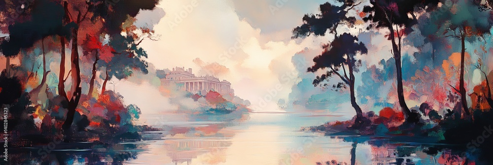 Painting of a serene lake surrounded by trees with colorful foliage.