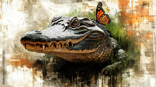 A serene alligator with a butterfly perched on its head.