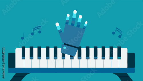 Musical Performance A bionic hand playing a grand piano showcasing its fingers dancing over the keys with musical notes visibly floating in the air.