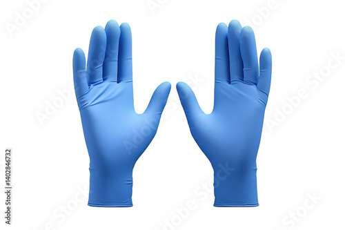 Pair of blue medical gloves with open hands on a transparent background