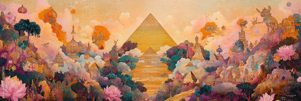 Abstract painting featuring a pyramid surrounded by floral and organic shapes.