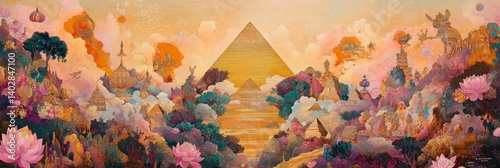 Obraz na płótnie Abstract painting featuring a pyramid surrounded by floral and organic shapes. w salonie