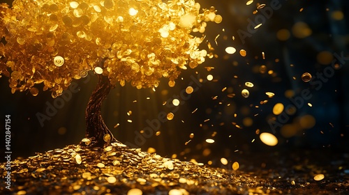 Enchanted gold coin tree with shimmering leaves dropping onto the ground symbolizing unlimited success