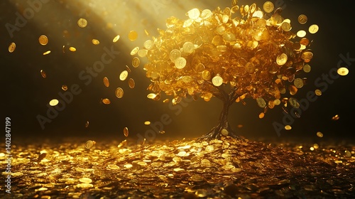 Enchanted gold coin tree with shimmering leaves dropping onto the ground symbolizing unlimited success