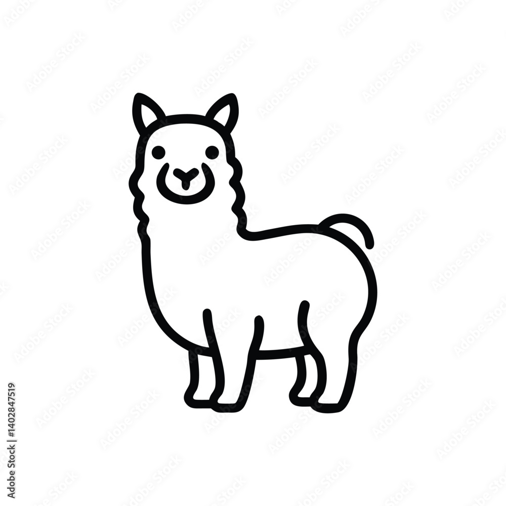 Cute Cartoon Llama Outline Illustration On White Background Simple Design