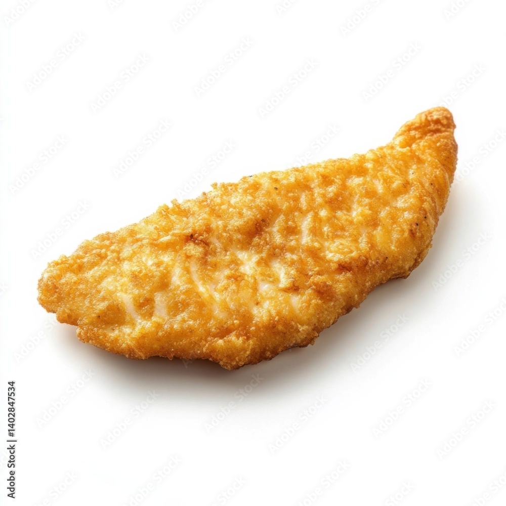 A tender flaky fish fillet with a golden brown crust and juicy interior, isolated white background, hyperrealism art style A tender flaky fish fillet with a golden brown crust and juicy interior, isolated white background, hyperrealism art style