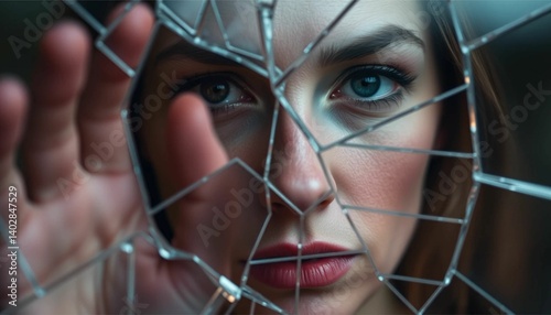 A woman's face reflected in broken glass symbolizes healing and resilience after domestic violence.