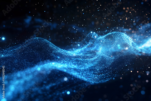 Blue digital sound waves with particles of light on a black background