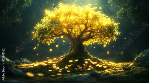 Glowing tree of fortune with gold coin foliage standing in a mystical landscape prosperity concept
