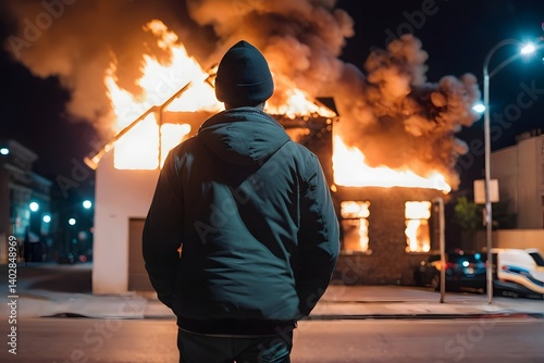 Back view of arsonist standing in front of burning building at night with copy space