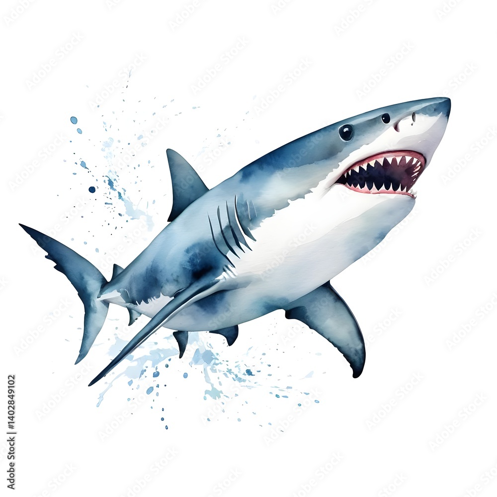 Fototapeta premium Watercolor Great White Shark Splashing