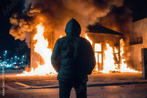 Back view of arsonist standing in front of burning building at night with copy space