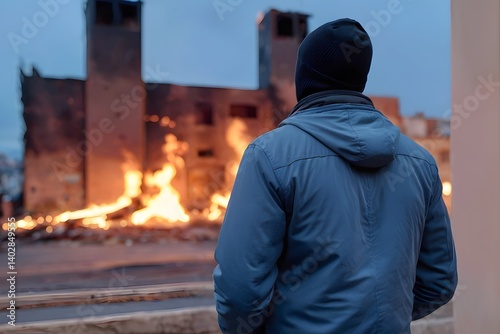 Back view of arsonist standing in front of burning building at night with copy space