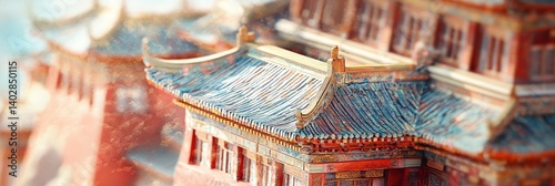 Traditional asian architecture featuring tiled roofs and red pillars in a blurred scene.