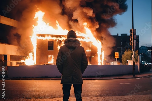Back view of arsonist standing in front of burning building at night with copy space