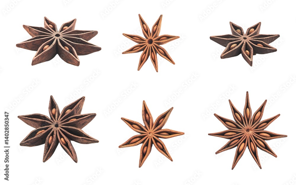six beautiful wooden anise stars photographed from different angles with seeds isolated on white background six beautiful wooden anise stars photographed from different angles with seeds isolated on white background