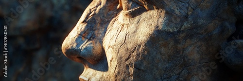 Obraz na płótnie Close-up of a weathered stone statue with rough texture and muted colors. w salonie
