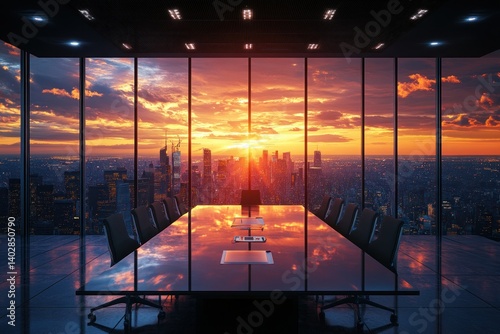 A modern conference room with large glass windows, offering a breathtaking sunset view over a busy metropolitan skyline.