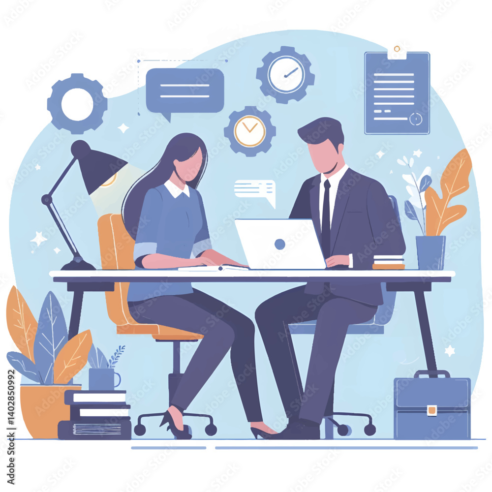Two people brainstorming at a shared desk in a minimal productivity workspace. Flat vector with bold color contrast and simple composition. Two people brainstorming at a shared desk in a minimal productivity workspace. Flat vector with bold color contrast and simple composition.