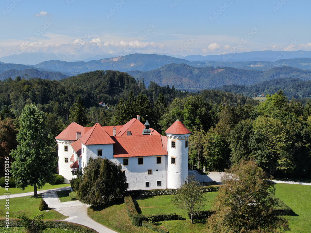 Aerial overview and landscape of Bogensperk Castle, Slovenia Aerial overview and landscape of Bogensperk Castle, Slovenia