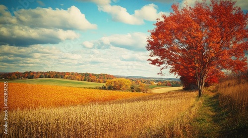 A scenic autumnal landscape featuring trees fields and a blue sky