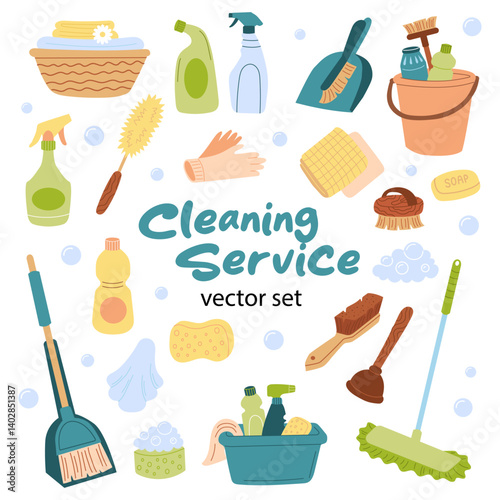 Stock vector cleaning supplies set. Household tools equipment brush, sponge, gloves, napkins. Home chemical detergent in bottles. 