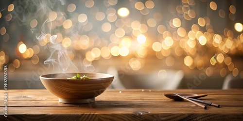 Warm, Steaming Bowl of Soup on Rustic Wooden Table with Chopsticks and Soft Bokeh Background