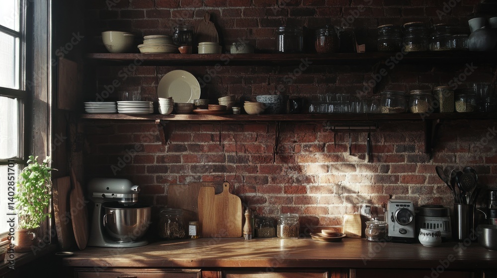 Naklejka premium A rustic kitchen scene featuring shelves and brickwork details