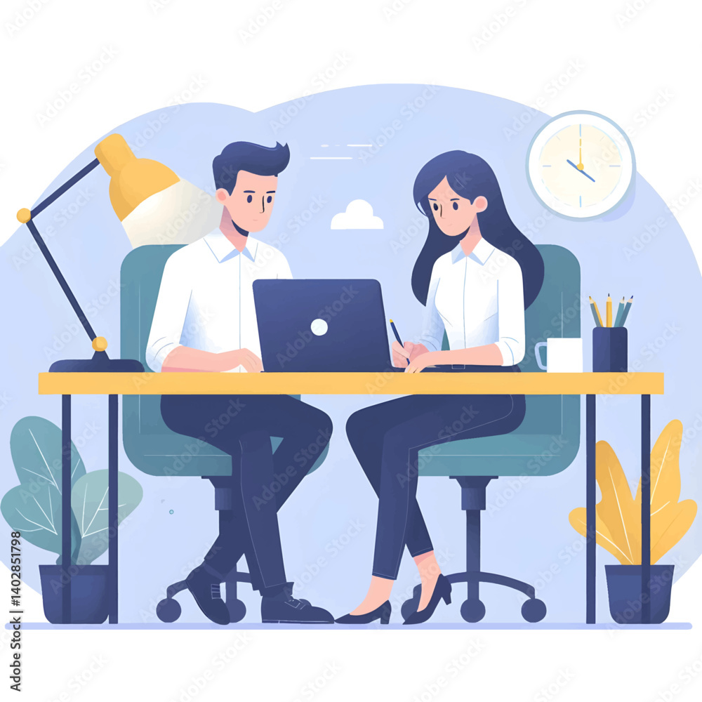 Two people brainstorming at a shared desk in a minimal productivity workspace. Flat vector with bold color contrast and simple composition. Two people brainstorming at a shared desk in a minimal productivity workspace. Flat vector with bold color contrast and simple composition.