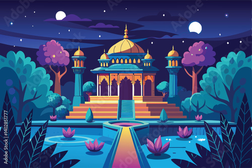 Enchanting Nighttime Garden with a Majestic Palace