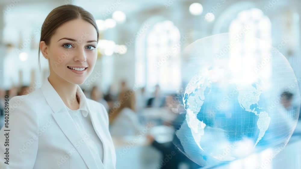 A young professional smiles and points towards a digital globe during a conference in a bright venue, illustrating themes of global communication and innovation to attendees