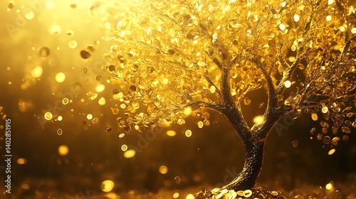 Limitless business success depicted by a radiant golden tree with shimmering coin leaves