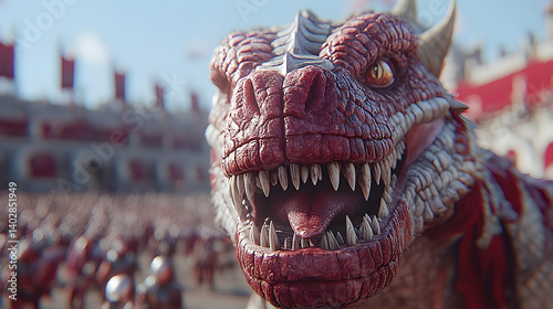 A ferocious red dragon, mouth agape, faces a vast army.