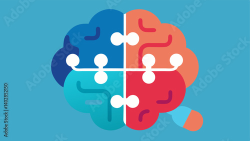 Puzzle Pieces A brain made of puzzle pieces with two or three pills fitting into gaps symbolizing how cognitive enhancement pills can complete or improve mental functions.