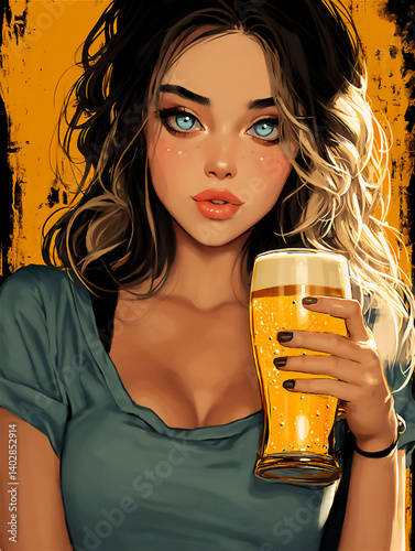 レトロスタイルのビールと女性