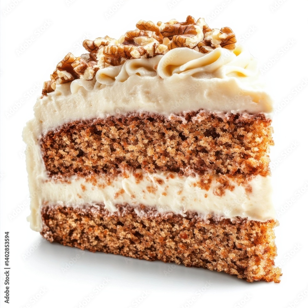 A thick slice of carrot cake with a rich, moist crumb, topped with creamy frosting and toasted walnuts A thick slice of carrot cake with a rich, moist crumb, topped with creamy frosting and toasted walnuts