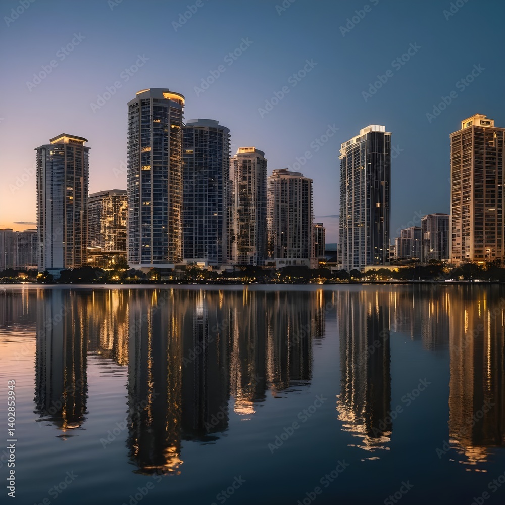 Obraz premium City Skyline Reflection at Dusk