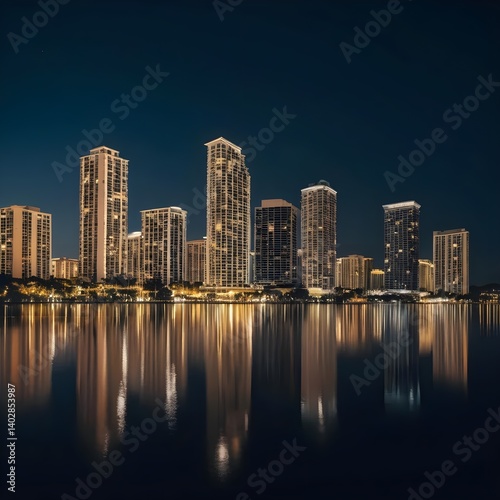 Night Reflection of Modern City Skyline